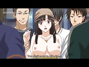Big titted anime sex slave gets nipples pinched in public