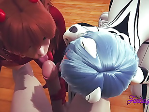 Evangelion Hentai 3D - Threesome Shinji, Asuka and Rei in Shinji&amp;#'s Room they suck Shinji&amp;#'s dick until he cums in her mouth then he eats their pussy and fucks them