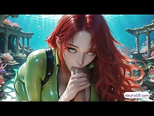 Red hair flows through crystal water as thick cumshots twirls above her sweet AI face