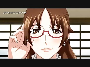 Anime stunner in glasses giving blowjob in knees