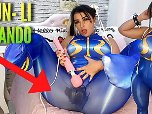 Sexy cosplay girl dressed as Chun Li from street fighter playing with her htachi vibrator cumming and soaking her panties and pants ahegao