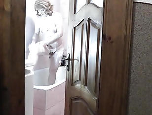 Step  accepts shower, step dad spy, masturbates cock and cum under door bathroom. step Daddy