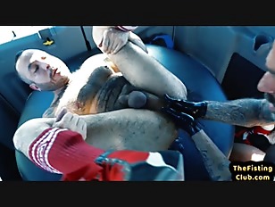 Fisting hunk with gloves fists hairy asshole in van
